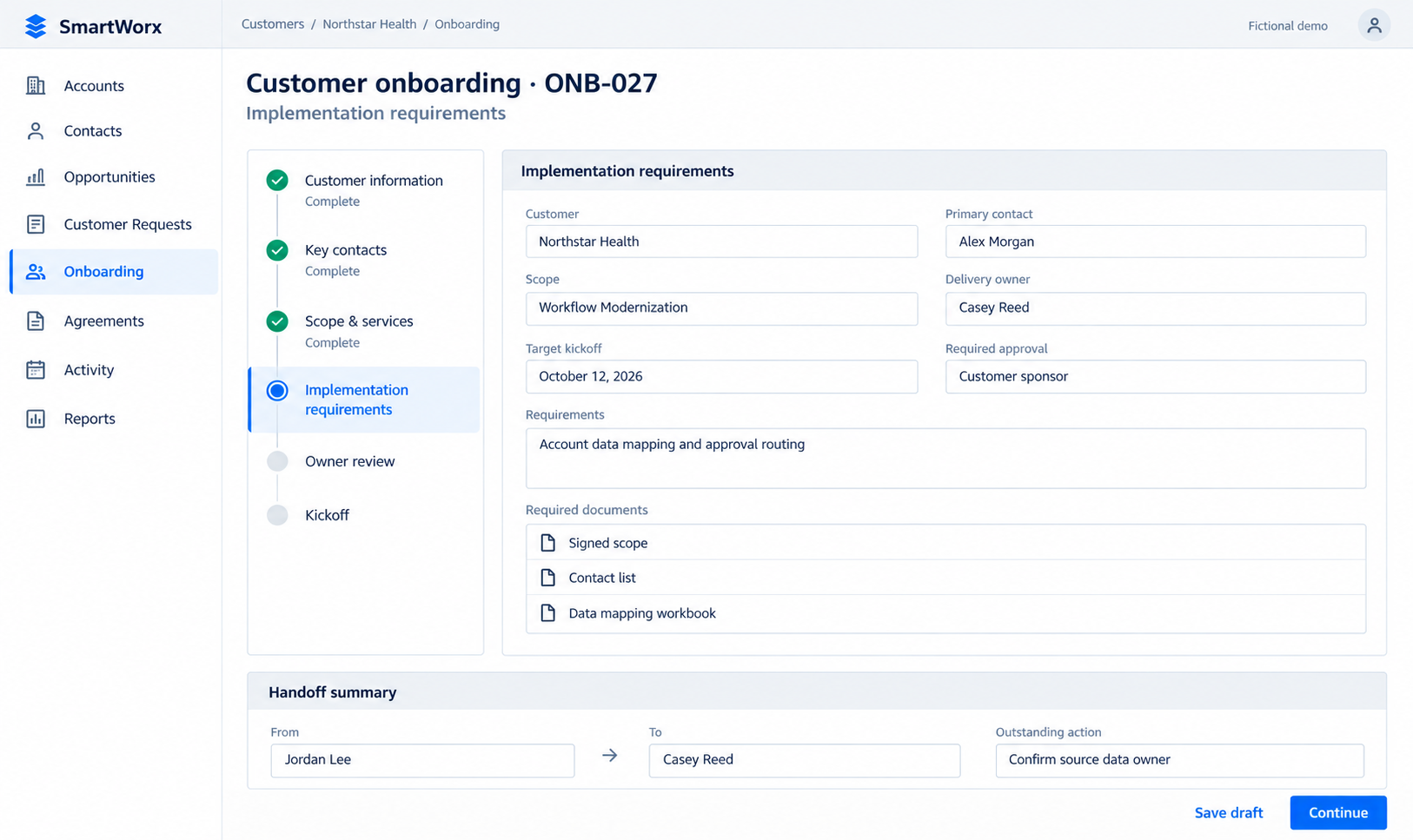 Illustrative customer onboarding form for Northstar Health with a vertical stage list, scope, contacts, delivery owner, documents, approvals and implementation requirements