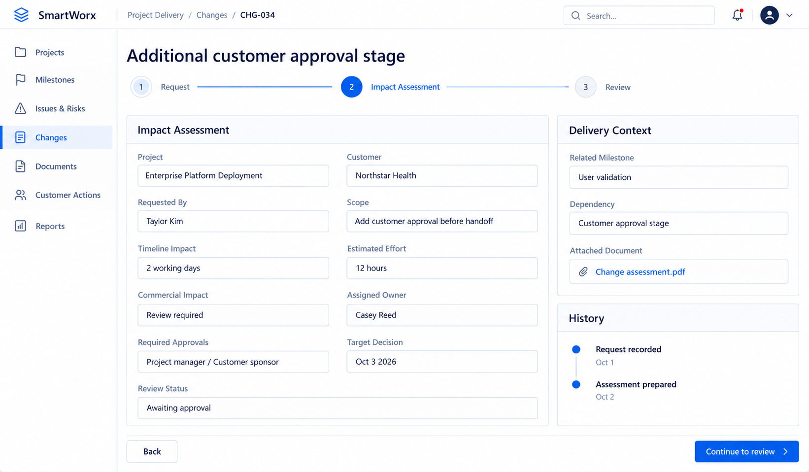 Illustrative SmartWorx change assessment with scope, timeline and effort impacts, approval requirements, related milestone and review status
