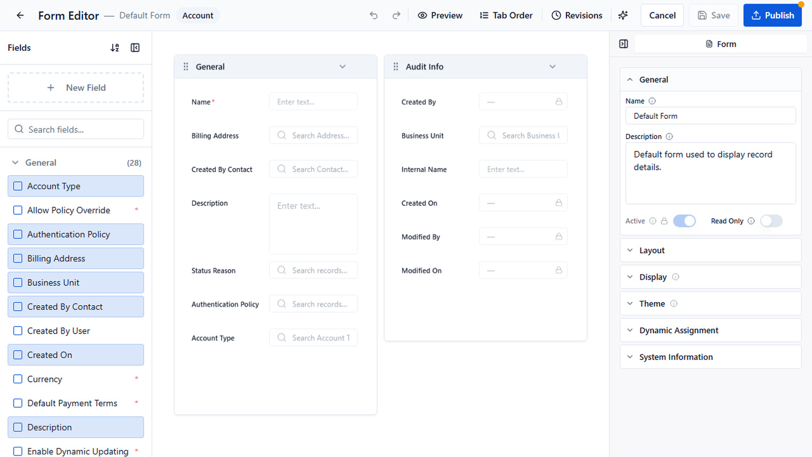 SmartWorx Account Form Editor with the field library, General and Audit Info sections, and form settings.