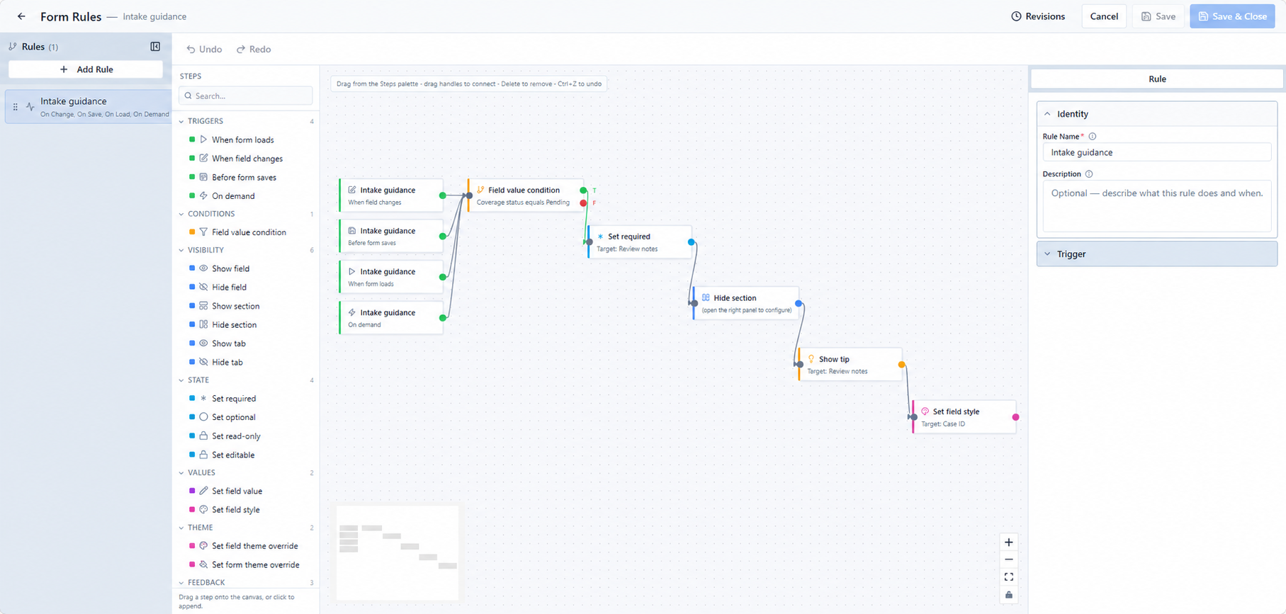 Illustrative SmartWorx form rules editor with triggers, a field-value condition, and required-field and visibility actions
