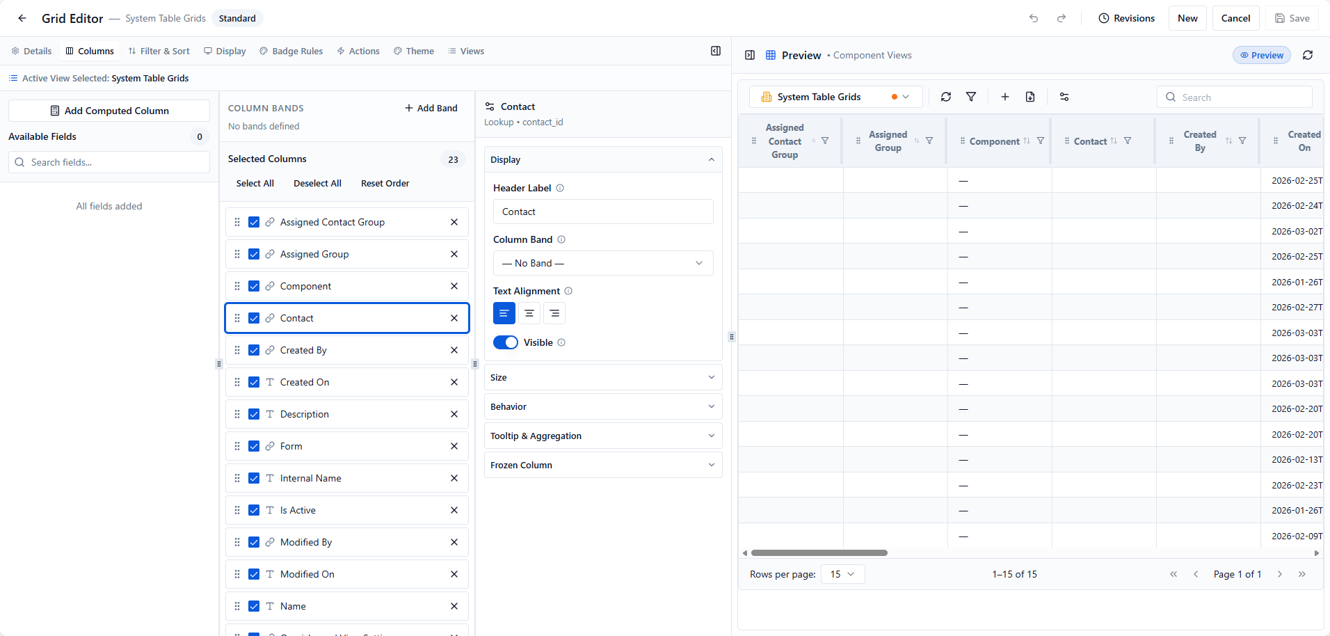 Actual SmartWorx Grid Editor with column configuration and the production grid preview