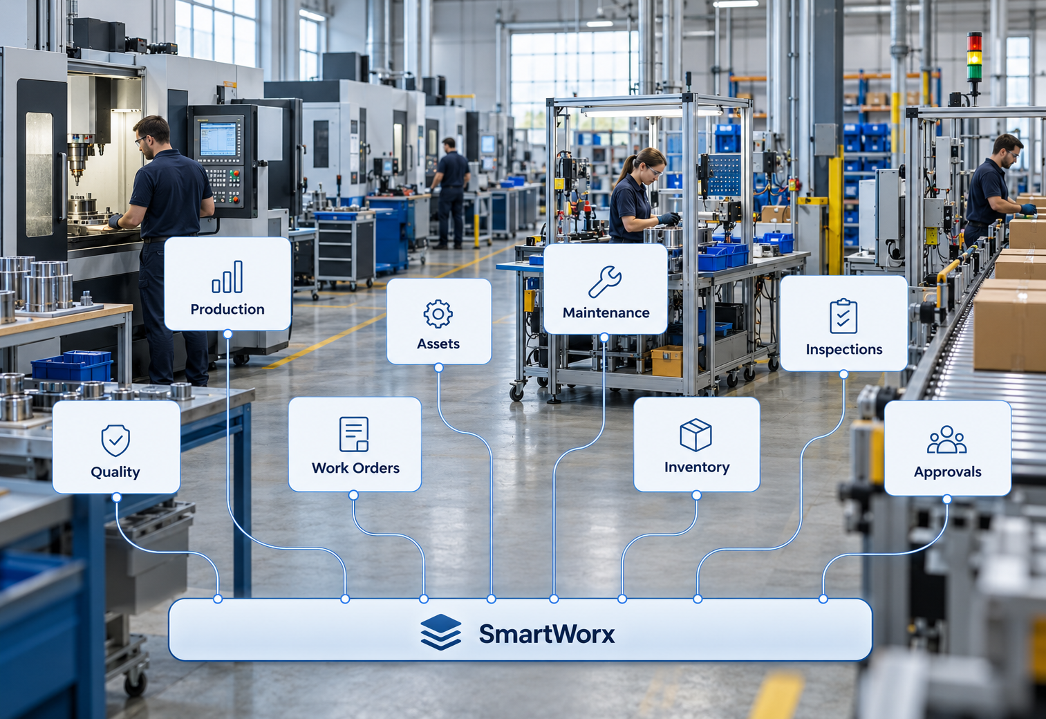 Illustrative facility with production, assets, maintenance, quality, work orders, inventory, inspections and approvals connected to a shared SmartWorx foundation