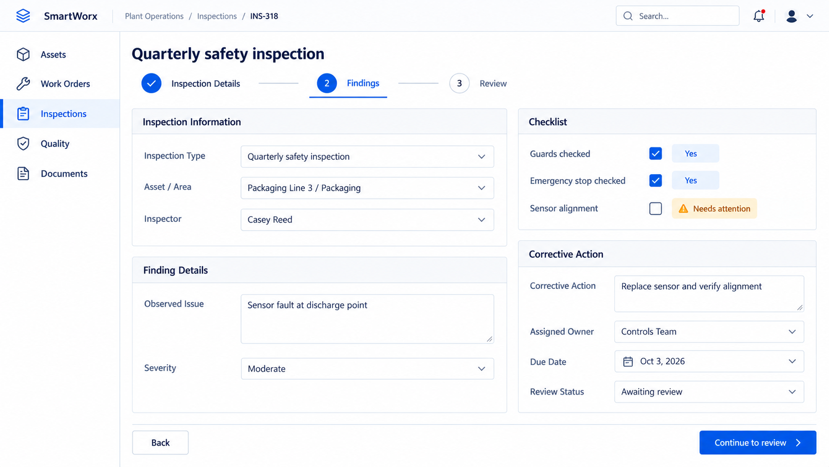 Illustrative SmartWorx inspection form for Packaging Line 3, with safety checklist, sensor fault, severity, corrective action, owner and review status