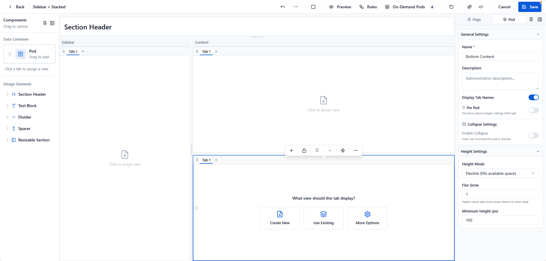 Actual SmartWorx Page Editor with a page canvas, sidebar and stacked content pods, component picker, and pod settings