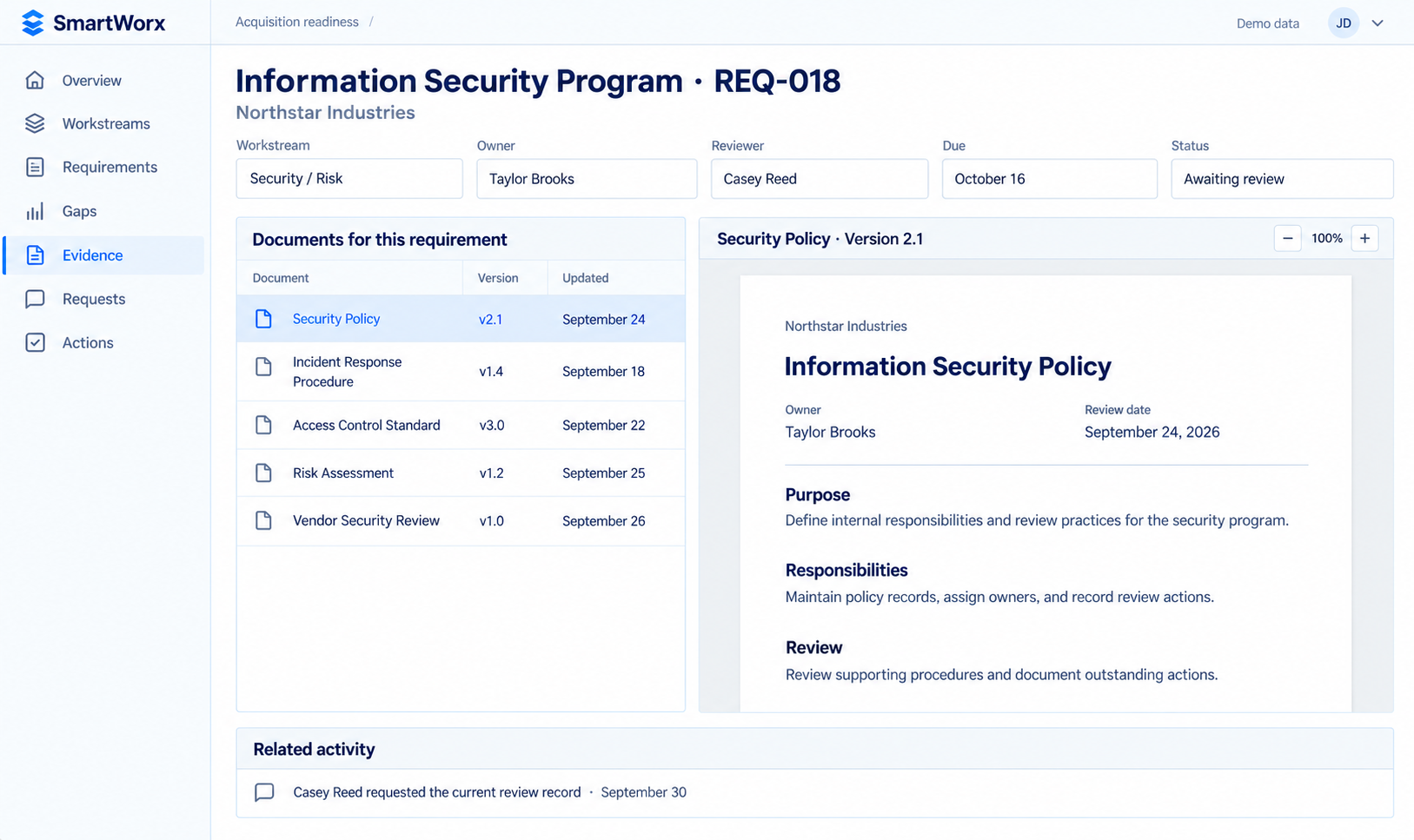 Illustrative Information Security Program requirement with related policy and procedure documents, a selected policy in a read-only document viewer, owner, reviewer and activity