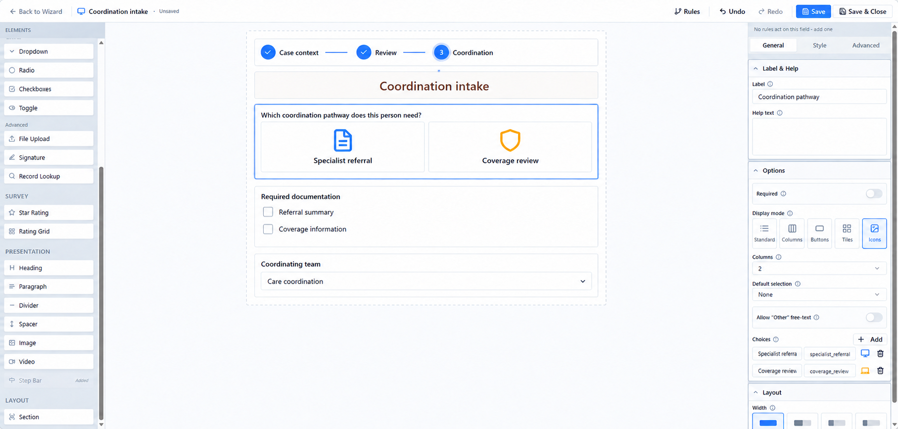 Illustrative SmartWorx coordination intake screen with specialist-referral and coverage-review pathways, required documentation, and coordinating team